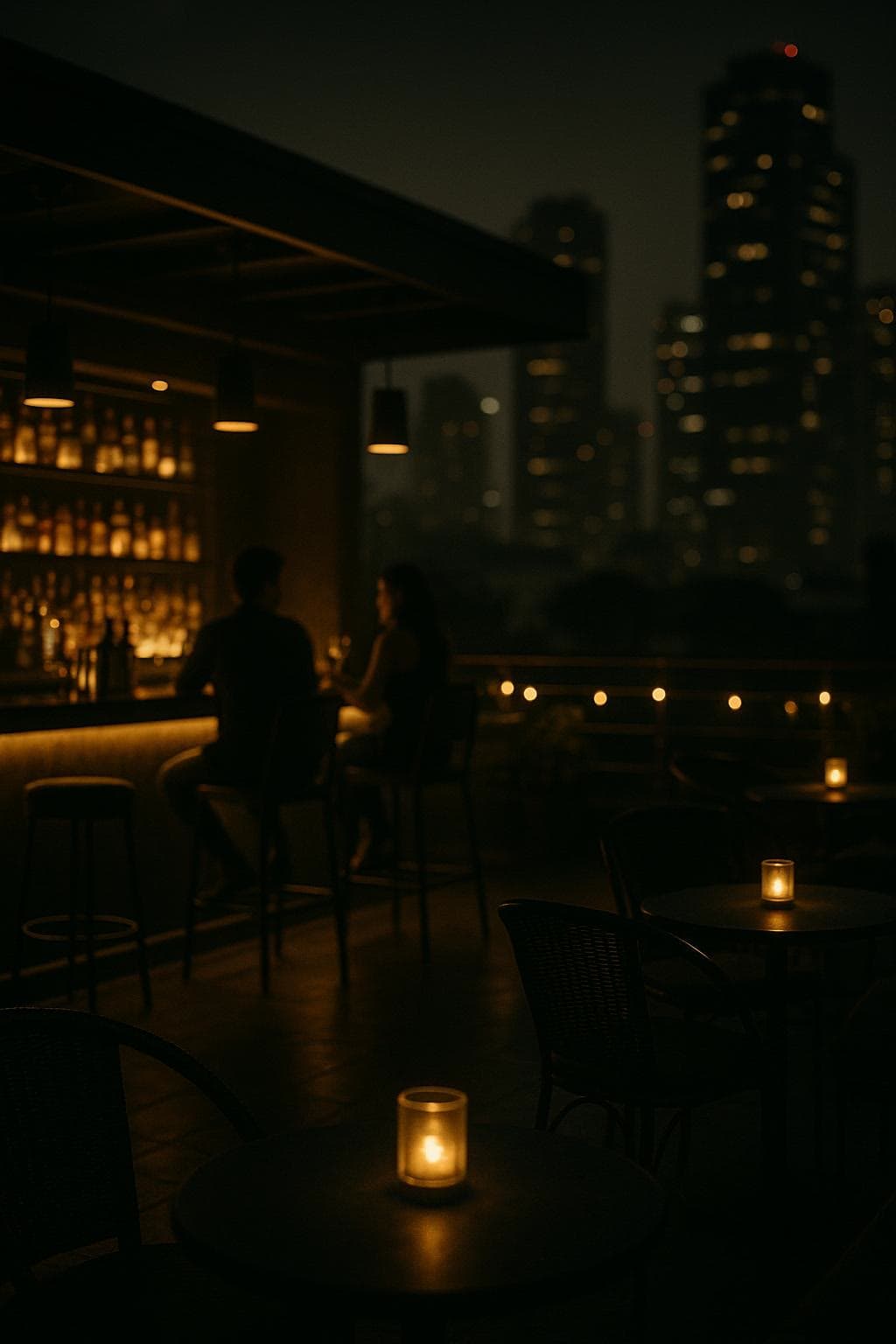 Candlelit tables along the rail at night, the city lit beyond